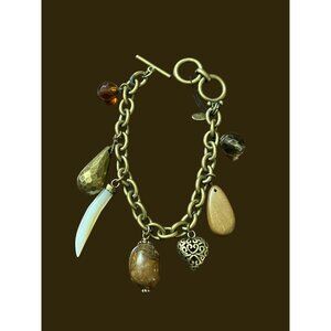 Cookie Lee antiqued gold bracelet charms mother of pearl tusk horn heart toggle